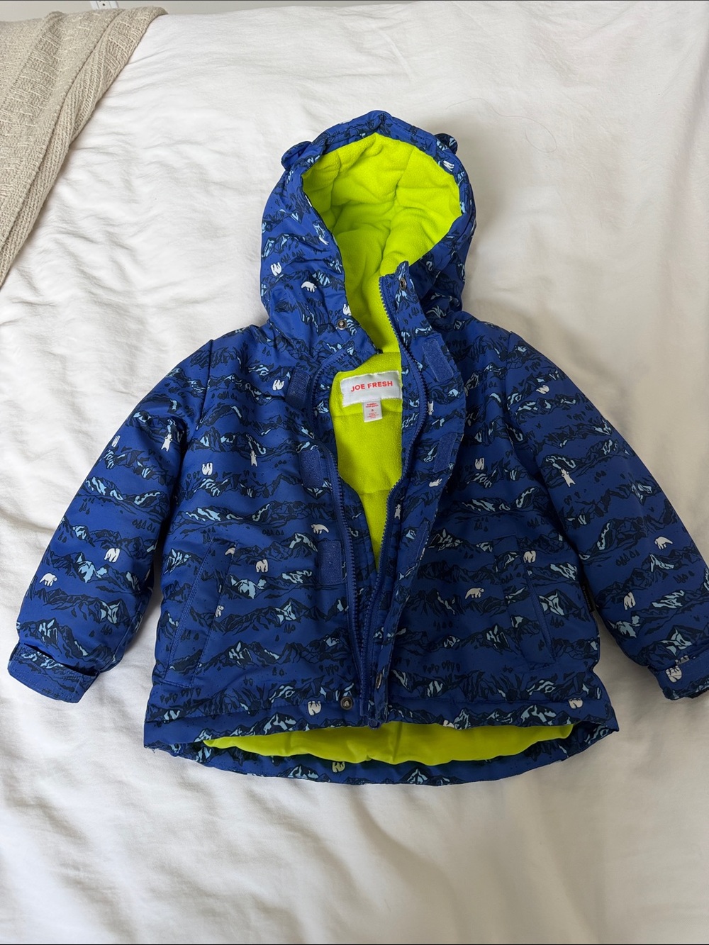 Joe Fresh Blue Kids Puffer Jacket with Neon Lime Lining